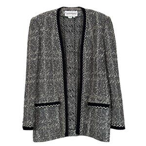 Vtg Castleberry Tweed Knit Open Front Cardigan Sweater Jacket Gray Black Size 12